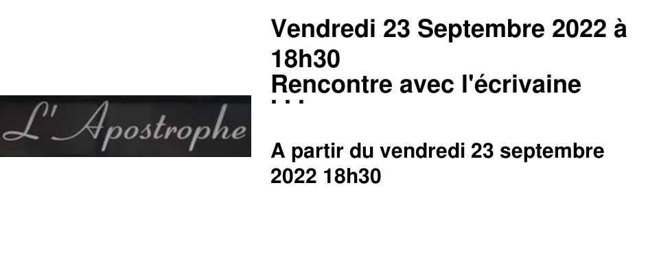  Vendredi 23 Septembre 2022 � 18h30 Rencontre avec l'�crivaine Ga�lle Josse ! Vendredi 23 Septembre 2022 � 17h30 R�mi CHECCHETTO, �crivain et po�te. Ap�ro-Lectures � la M�diath�que Simone-Veil suivi d'une s�ance de d�dicaces. Pour plus d'information, voir le programme des m�diath�ques d'Epernay. Samedi 24 Septembre 2022 � 16h00 Pr�sentation (lecture d�dicace) par Marie-Pierre Barri�re du livre � Au pied du mur - Les combats d'une jeunesse exil�e �, �dit� par Nouvelle Cit�. Marie-Pierre Barri�re est un des membres actifs du r�seau RESF (r�seau �ducation sans fronti�re) qui s'occupe d'un soutien aux migrants et plus pr�cis�ment des enfants migrants scolaris�s (sur Chalons en Champagne). 