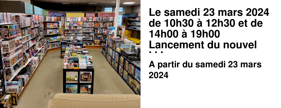 Le samedi 23 mars 2024 de 10h30 � 12h30 et de 14h00 � 19h00 Lancement du nouvel espace "jeux de soci�t�", en compagnie de "AOC - Age of Champagne" et MAD Distribution. Liste des jeux � d�couvrir : Age Of Champagne, Smile Life, Karma Dice, Memorial Bluff, Histoires Extraordinaires et deux prototypes � tester !