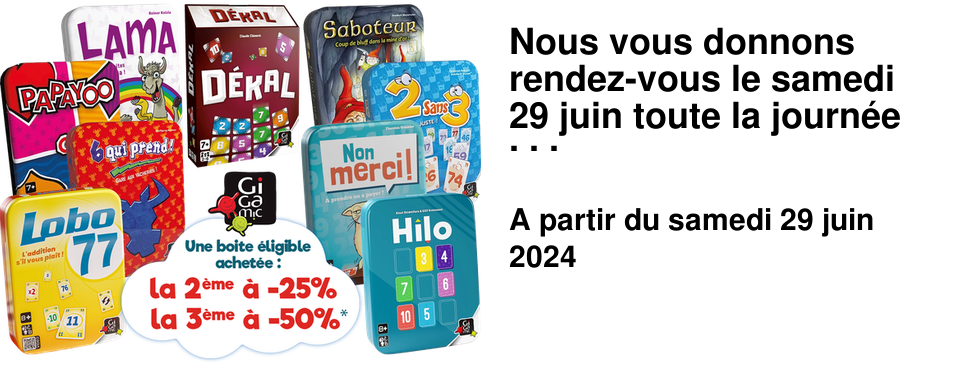 Nous vous donnons rendez-vous le samedi 29 juin toute la journ�e � l'Apostrophe pour (re)d�couvrir les jeux Gigamic et trouver vos jeux de l'�t� ! Jouez, testez, choisissez !